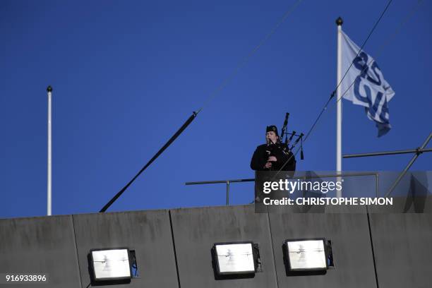 Scotsman plays the bag-pipes before the Six Nations international rugby union match between Scotland and France at Murrayfield Stadium in Edinburgh...