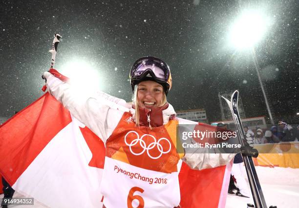 Silver medalist Justine Dufour-Lapointe of Canada celebrates during the victory ceremony for the Freestyle Skiing Ladies' Moguls Final on day two of...