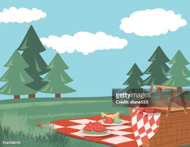 Retro Outdoors Picnic Cartoon With Nature And Trees High-Res Vector Graphic  - Getty Images
