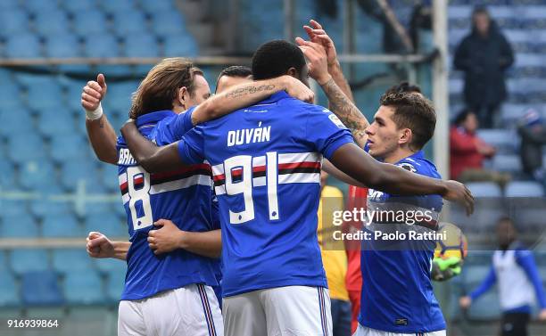 Edgar Barreto of Sampdoria celebrates with team-mates after scoring a goal 1-0 during the serie A match between UC Sampdoria and Hellas Verona FC at...