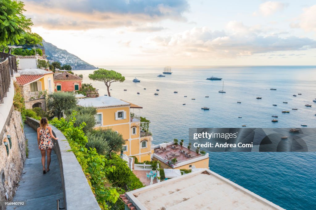 Woman admiring the view of Positano village