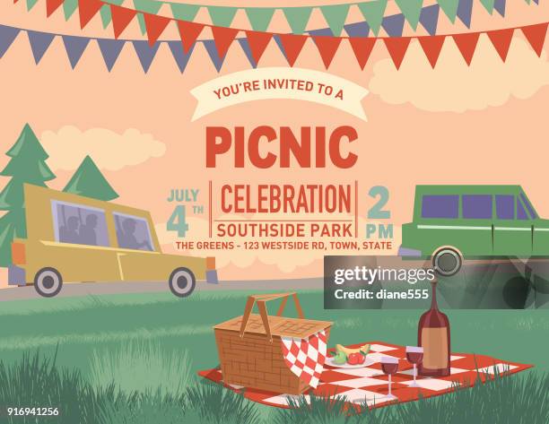 retro-outdoor picknick cartoon mit natur und bäume - picknick stock-grafiken, -clipart, -cartoons und -symbole