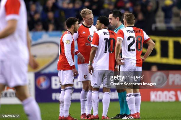 Bilal Basacikoglu of Feyenoord, Nicolai Jorgensen of Feyenoord, Tonny Vilhena of Feyenoord, referee Dennis Higler, Jens Toornstra of Feyenoord during...
