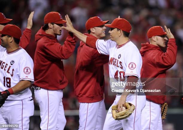 Pitcher Brian Fuentes of the Los Angeles Angels of Anaheim celebrates winning Game Two of the ALDS during the MLB playoffs 4-1 over the Boston Red...
