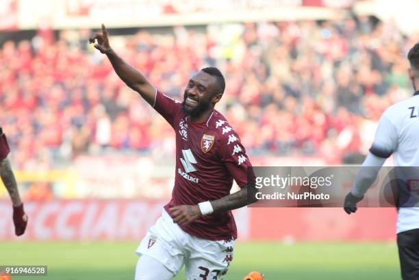Nicolas Nkoulou celebrates after scoring during the Serie A football match between Torino FC and Udinese Calcio at Olympic Grande Torino Stadium on...