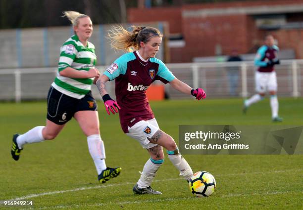 Molly Peters of West Ham United Ladies in action with Nadine Grogan of Keynsham Town Ladies during the Women's Premier League Plate match between...