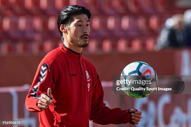 Daisuke Suzuki of Nastic warms up prior to the La Liga 123 match between Albacete Balompie and Nastic at Estadio Carlos Belmonte on February 11, 2018...