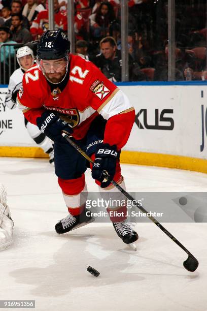 Ian McCoshen of the Florida Panthers skates with the puck against the Los Angeles Kings at the BB&T Center on February 9, 2018 in Sunrise, Florida.