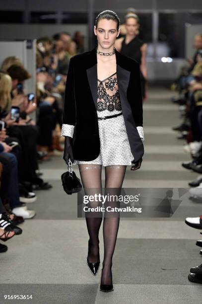 Model walks the runway at the Alexander Wang Autumn Winter 2018 fashion show during New York Fashion Week on February 10, 2018 in New York, United...
