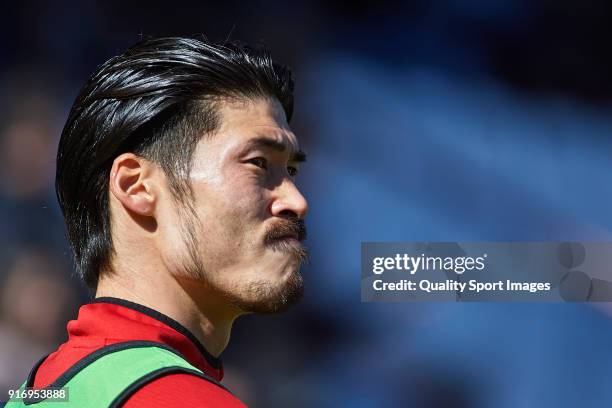 Daisuke Suzuki of Nastic warms up during La Liga 123 match between Albacete Balompie and Nastic at Estadio Carlos Belmonte on February 11, 2018 in...