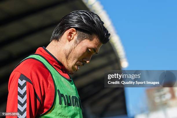 Daisuke Suzuki of Nastic warms up during La Liga 123 match between Albacete Balompie and Nastic at Estadio Carlos Belmonte on February 11, 2018 in...