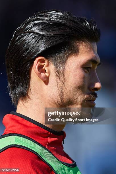 Daisuke Suzuki of Nastic warms up during La Liga 123 match between Albacete Balompie and Nastic at Estadio Carlos Belmonte on February 11, 2018 in...