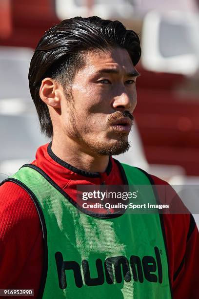Daisuke Suzuki of Nastic warms up during La Liga 123 match between Albacete Balompie and Nastic at Estadio Carlos Belmonte on February 11, 2018 in...