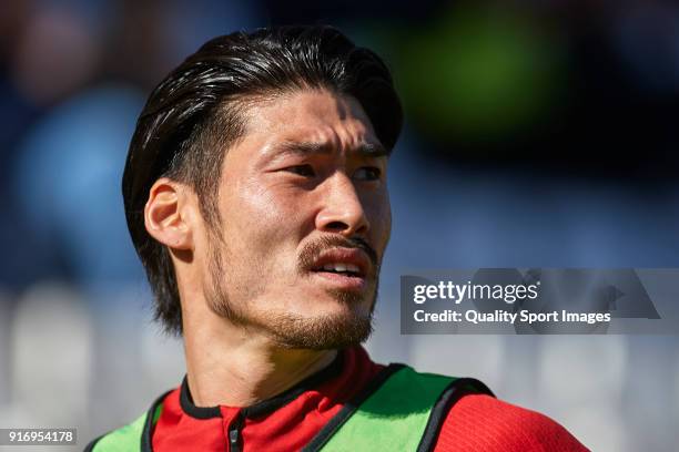 Daisuke Suzuki of Nastic warms up during La Liga 123 match between Albacete Balompie and Nastic at Estadio Carlos Belmonte on February 11, 2018 in...