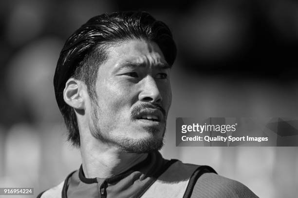 Daisuke Suzuki of Nastic warms up during La Liga 123 match between Albacete Balompie and Nastic at Estadio Carlos Belmonte on February 11, 2018 in...