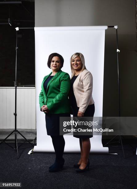 Mary Lou McDonald , new appointed President of Sinn Fein and Michelle O'Neill , newly elected vice President stand on stage together at the party's...