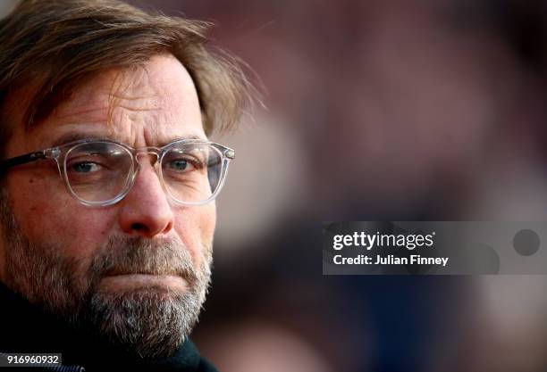 Jurgen Klopp, Manager of Liverpool looks on prior to the Premier League match between Southampton and Liverpool at St Mary's Stadium on February 11,...