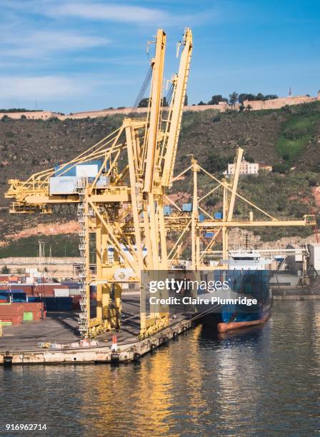 cranes loading and unloading containers from cargo ships, in barcelona, spain - claire plumridge fotografías e imágenes de stock