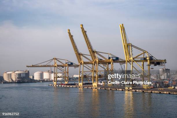 cranes for loading and unloading containers from cargo ships, in barcelona, spain - claire plumridge stock-fotos und bilder