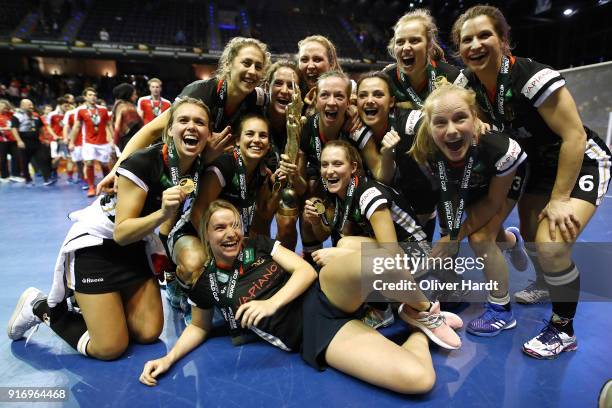 Team of Germany celebrate with the trophy after the Women Gold Medal Indoor Hockey World Cup Berlin Final Day match between Germany and Netherlands...