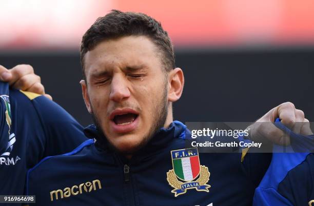 Matteo Minozzi of Italy cries as he sings the national anthem ahead of the NatWest Six Nations match between Ireland and Italy at Aviva Stadium on...