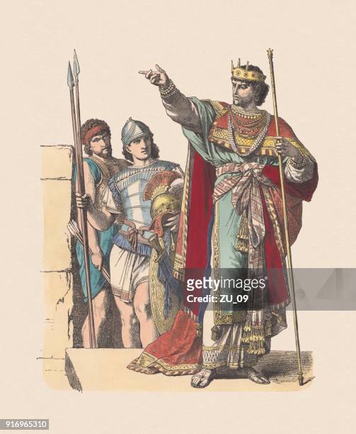 ilustraciones, imágenes clip art, dibujos animados e iconos de stock de rey judío y guerreros, coloreado a mano grabado en madera, publican c.1880 - david