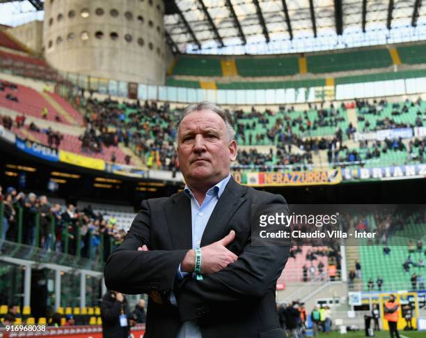 Andreas Brehme looks on before the serie A match between FC Internazionale and Bologna FC at Stadio Giuseppe Meazza on February 11, 2018 in Milan,...