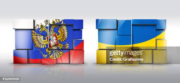 russia and ukraine wall with flag as puzzle isolated on white - russian culture stock illustrations
