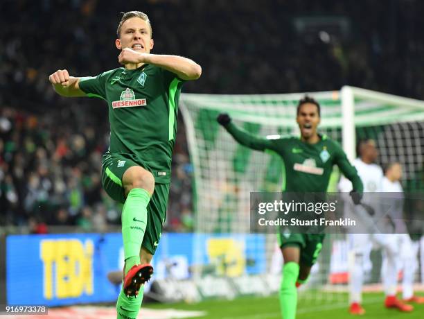 Ludwig Augustinsson of Bremen celebrates scoring his goal during the Bundesliga match between SV Werder Bremen and VfL Wolfsburg at Weserstadion on...