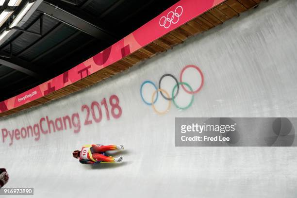 Andi Langenhan of Germany reacts following run 3 during the Luge Men's Singles on day two of the PyeongChang 2018 Winter Olympic Games at Olympic...