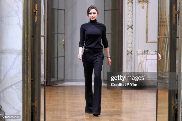 Designer Victoria Beckham walks the runway at Victoria Beckham - fashion show February 2018 during New York Fashion Week on February 11, 2018 in New...