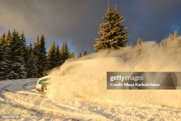 car snowdrift in a woodland - neige fraîche photos et images de collection