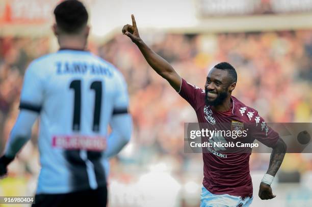 Nicolas Nkoulou of Torino FC celebrates after scoring the opening goal during the Serie A football match between Torino FC and Udinese Calcio. Torino...