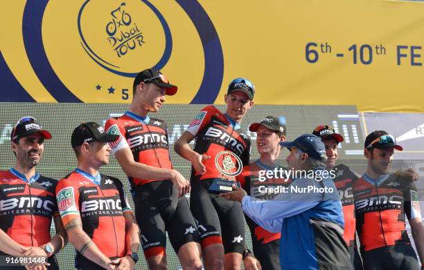 The BMC Racing Team receives the Best Team Trophy of Tour of Dubai 2018. On Saturday, February 10 in Dubai, United Arab Emirates. Nicolas Roche, Tom...