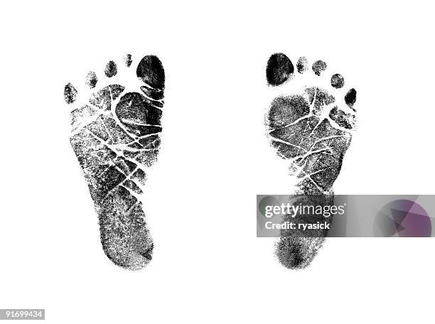 newborn infant baby footprint ink stamp impressions isolated - footprint stockfoto's en -beelden