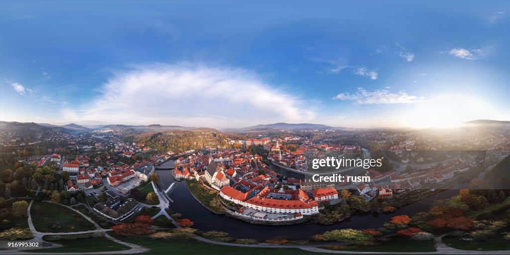 360x180 degree spherical aerial panorama of Cesky Krumlov.