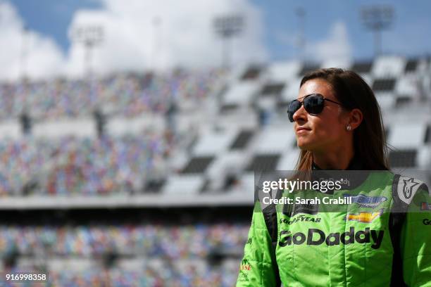 Danica Patrick, driver of the GoDaddy Chevrolet, stands on the grid during qualifying for the Monster Energy NASCAR Cup Series Daytona 500 at Daytona...