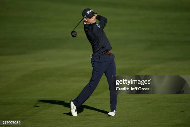 Russell Knox of Scotland plays his shot on the second hole during the Final Round of the AT&T Pebble Beach Pro-Am at Pebble Beach Golf Links on...