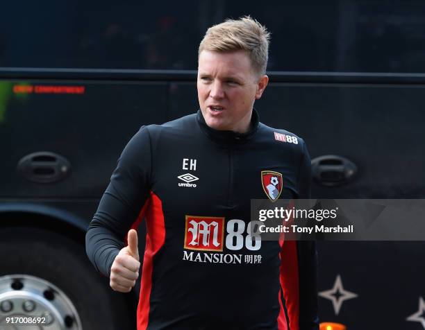 Eddie Howe, Manager of AFC Bournemouth arrives at the stadium before the Premier League match between Huddersfield Town and AFC Bournemouth at John...