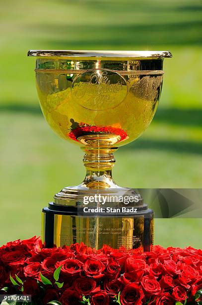 The Presidents Cup Trophy on display at the first tee box during the second round four-ball matches for The Presidents Cup at Harding Park Golf Club...