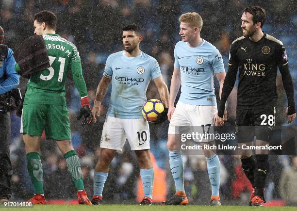 Manchester City's Sergio Aguero with the match ball following his hat-trick during the Premier League match between Manchester City and Leicester...