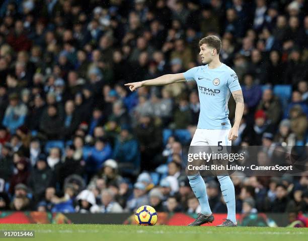 Manchester City's John Stones during the Premier League match between Manchester City and Leicester City at Etihad Stadium on February 10, 2018 in...