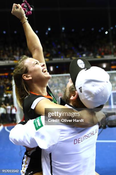 Anne Schroeder of Germany celebrate after the Women Gold Medal Indoor Hockey World Cup Berlin Final Day match between Germany and Netherlands on...
