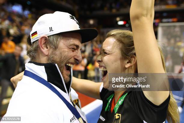 Anne Schroeder of Germany celebrate after the Women Gold Medal Indoor Hockey World Cup Berlin Final Day match between Germany and Netherlands on...