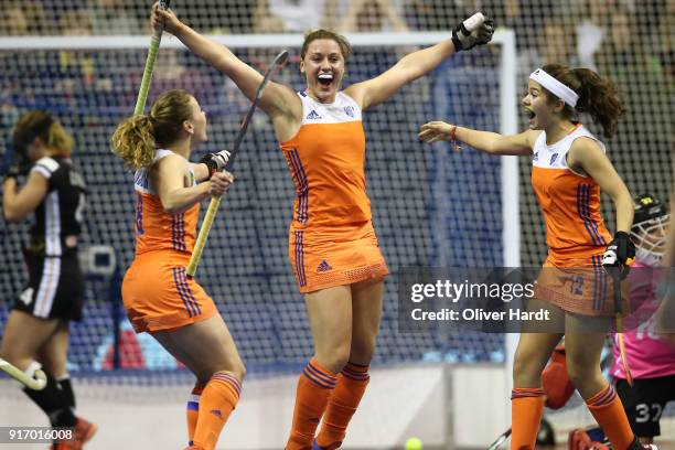 Lieke van Wijk of Netherlands celebrate after her first goal during the Women Gold Medal Indoor Hockey World Cup Berlin Final Day match between...