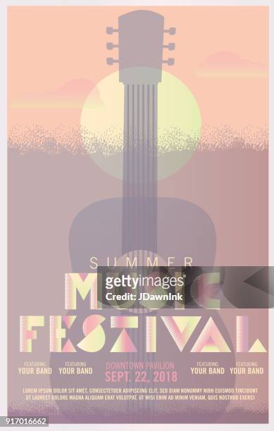 music concert festival art deco style poster design template with guitar and sun - concert poster stock illustrations