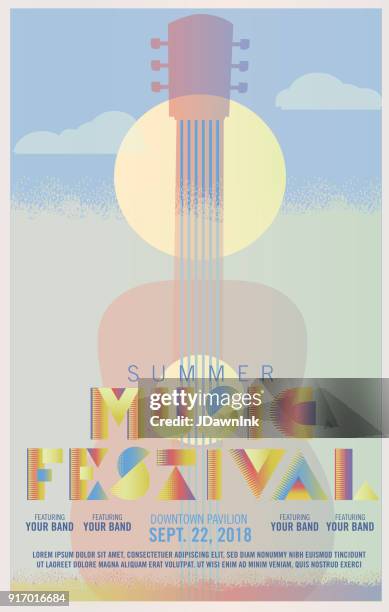 music concert festival art deco style poster design template with guitar and sun - concert poster stock illustrations