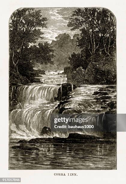 ilustraciones, imágenes clip art, dibujos animados e iconos de stock de corra linn cae en el río clyde victoriana grabado, circa 1840 - clyde river