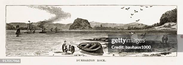 ilustraciones, imágenes clip art, dibujos animados e iconos de stock de dumbarton rock en dumbarton, escocia victoriana grabado, circa 1840 - clyde river