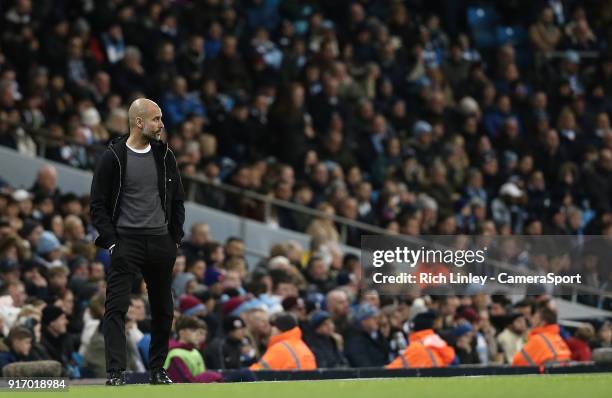 Manchester City manager Josep Guardiola during the Premier League match between Manchester City and Leicester City at Etihad Stadium on February 10,...